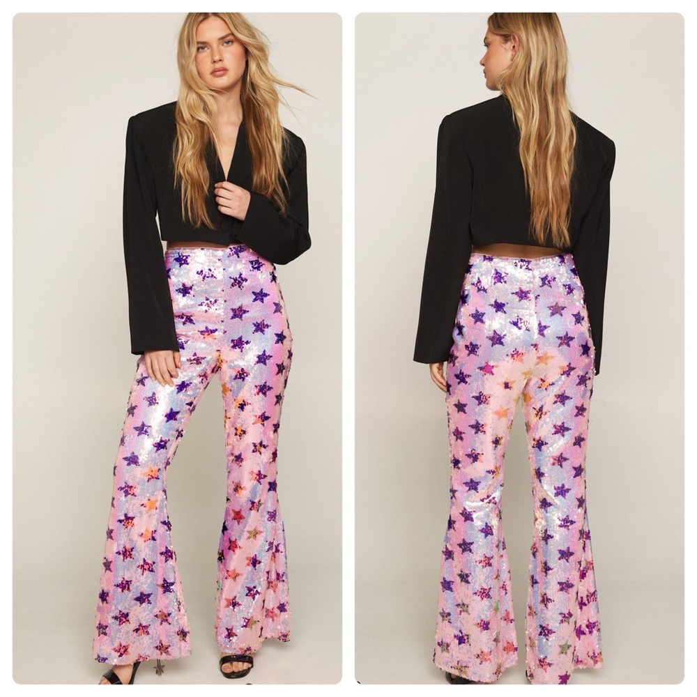 Nasty Gal Pink Purple Star Sequin Star HighRise Party Flare Pants US6 - Picture 1 of 13